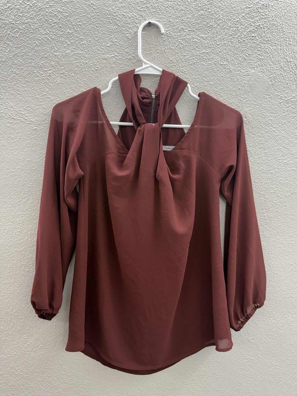 Naked Zebra Womens Blouse Size Small Red/Brown Cold Shoulder Long Sleeve